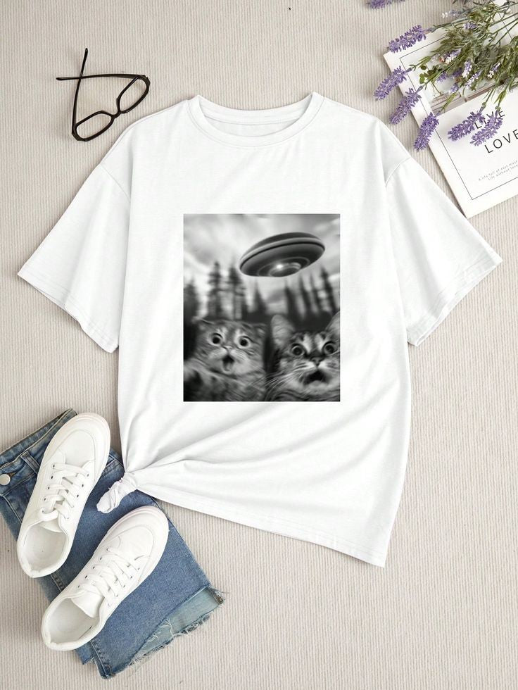 Camiseta Casual con Estampado de Gato IZ08