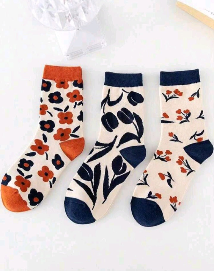 3 Pares Calcetines con Estampado de Flor FW04