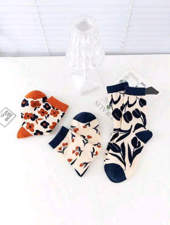 3 Pares Calcetines con Estampado de Flor FW04