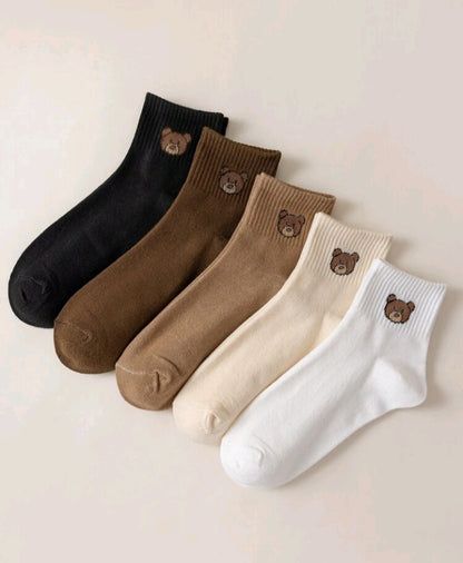 5 Pares Calcetines con Bordado de Oso GU01