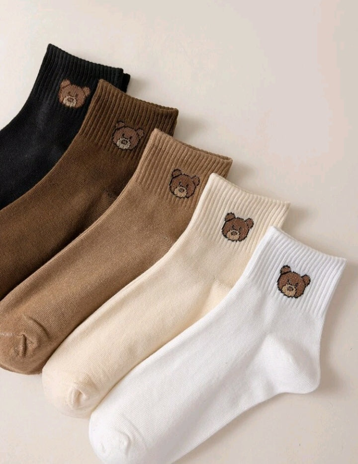 5 Pares Calcetines con Bordado de Oso GU01