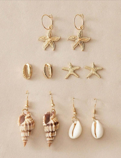 5 Pares de Aretes con Diseño de Estrella de Mar y Caracol GU06