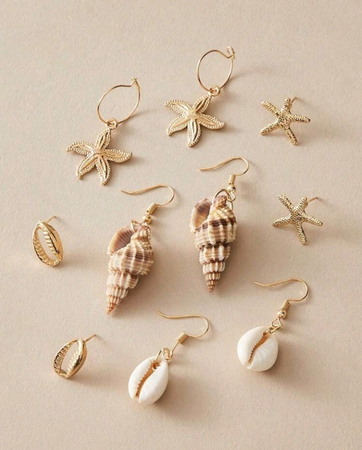 5 Pares de Aretes con Diseño de Estrella de Mar y Caracol GU06