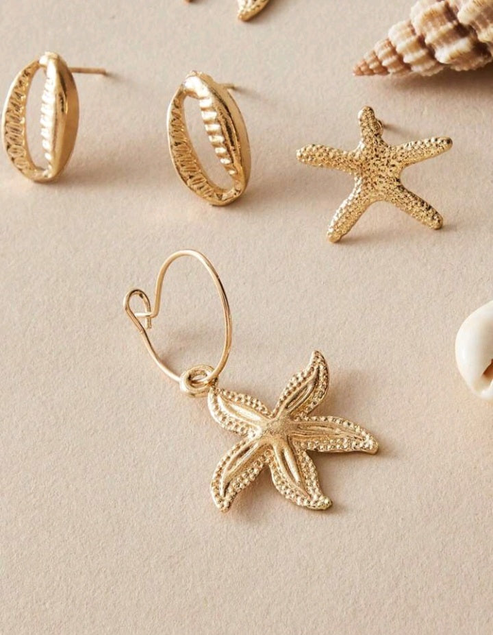 5 Pares de Aretes con Diseño de Estrella de Mar y Caracol GU06