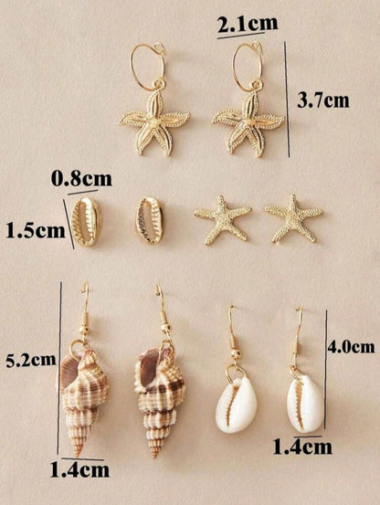 5 Pares de Aretes con Diseño de Estrella de Mar y Caracol GU06