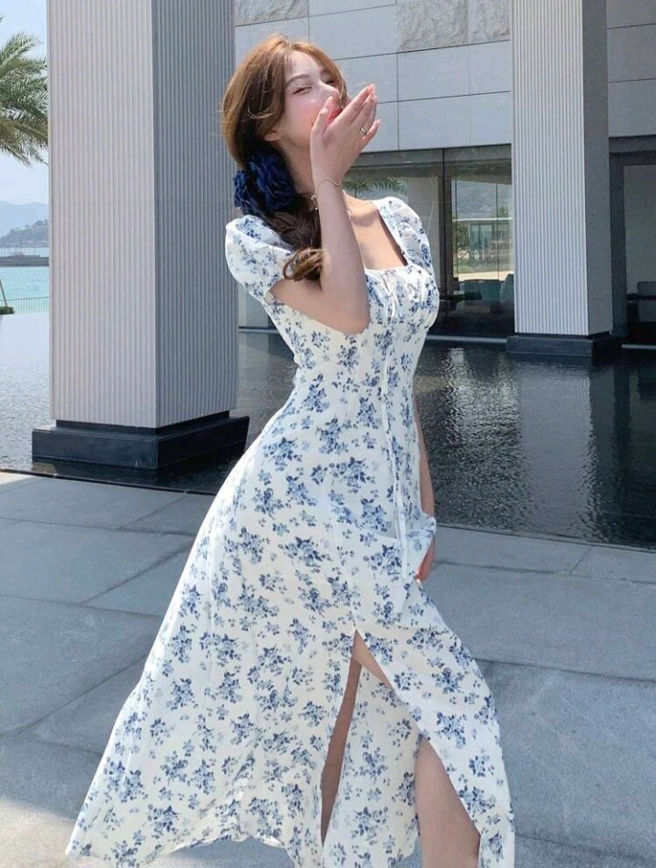 Vestido Midi Estampado Floral de Escote Cuadrado HL02