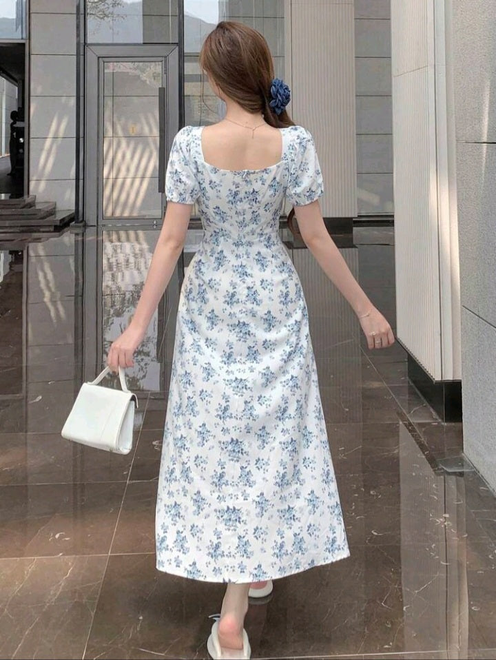 Vestido Midi Estampado Floral de Escote Cuadrado HL02