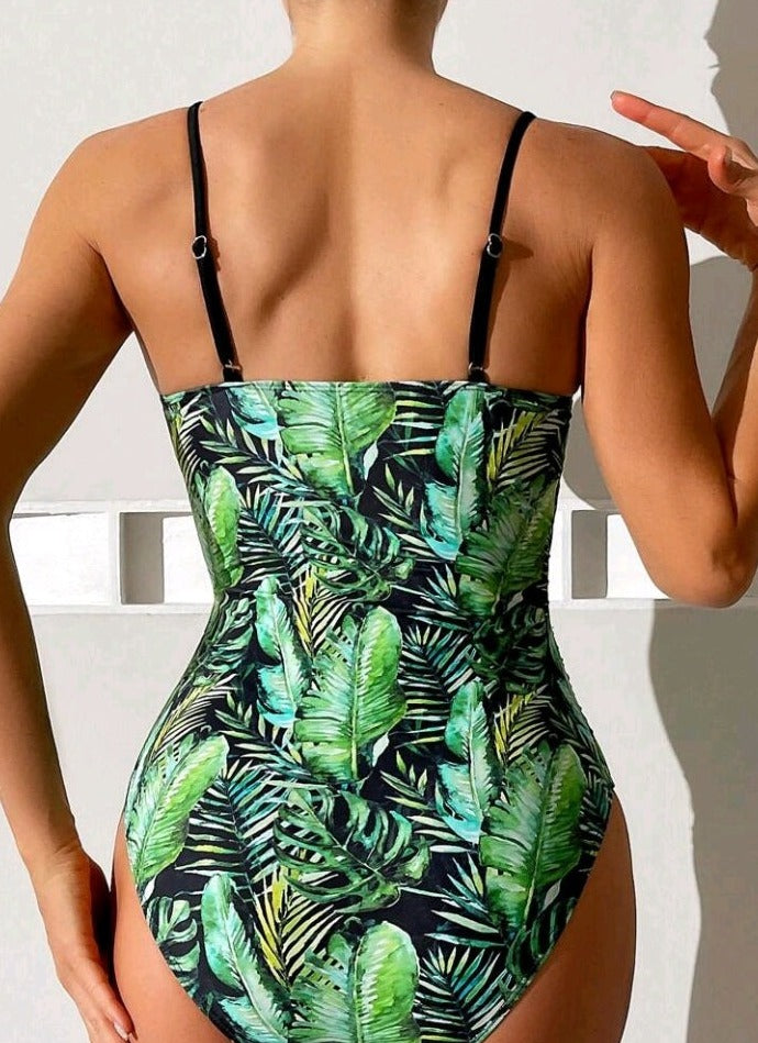 Traje de Baño con Estampado Tropical y Abertura en el Abdomen (806)