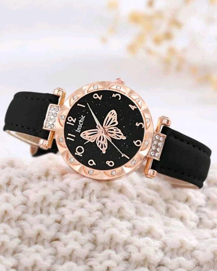 Reloj Cuarzo de Esfera con Estampado de Mariposa (495)