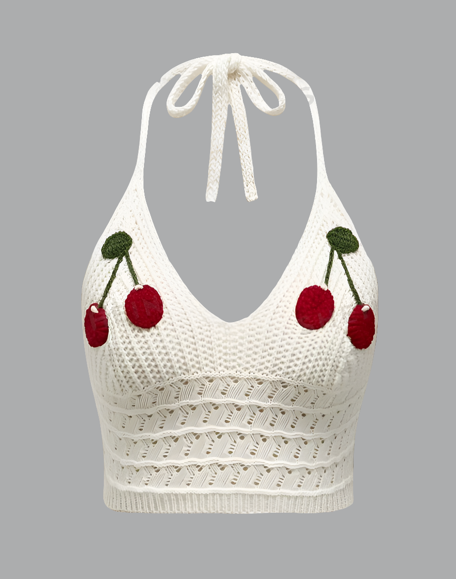 Top de Cuello Halter con Bordado de Cerezas KB03