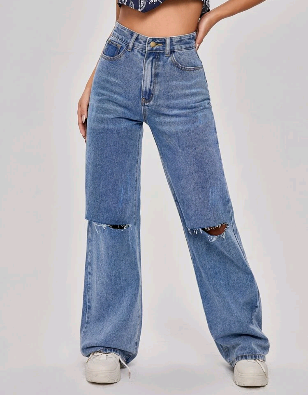 Jeans rotos de pierna ancha de cintura alta (650)