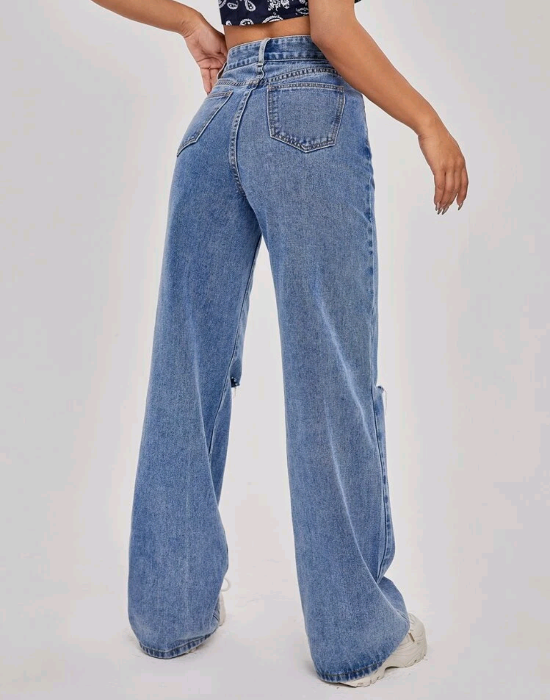 Jeans rotos de pierna ancha de cintura alta (650)