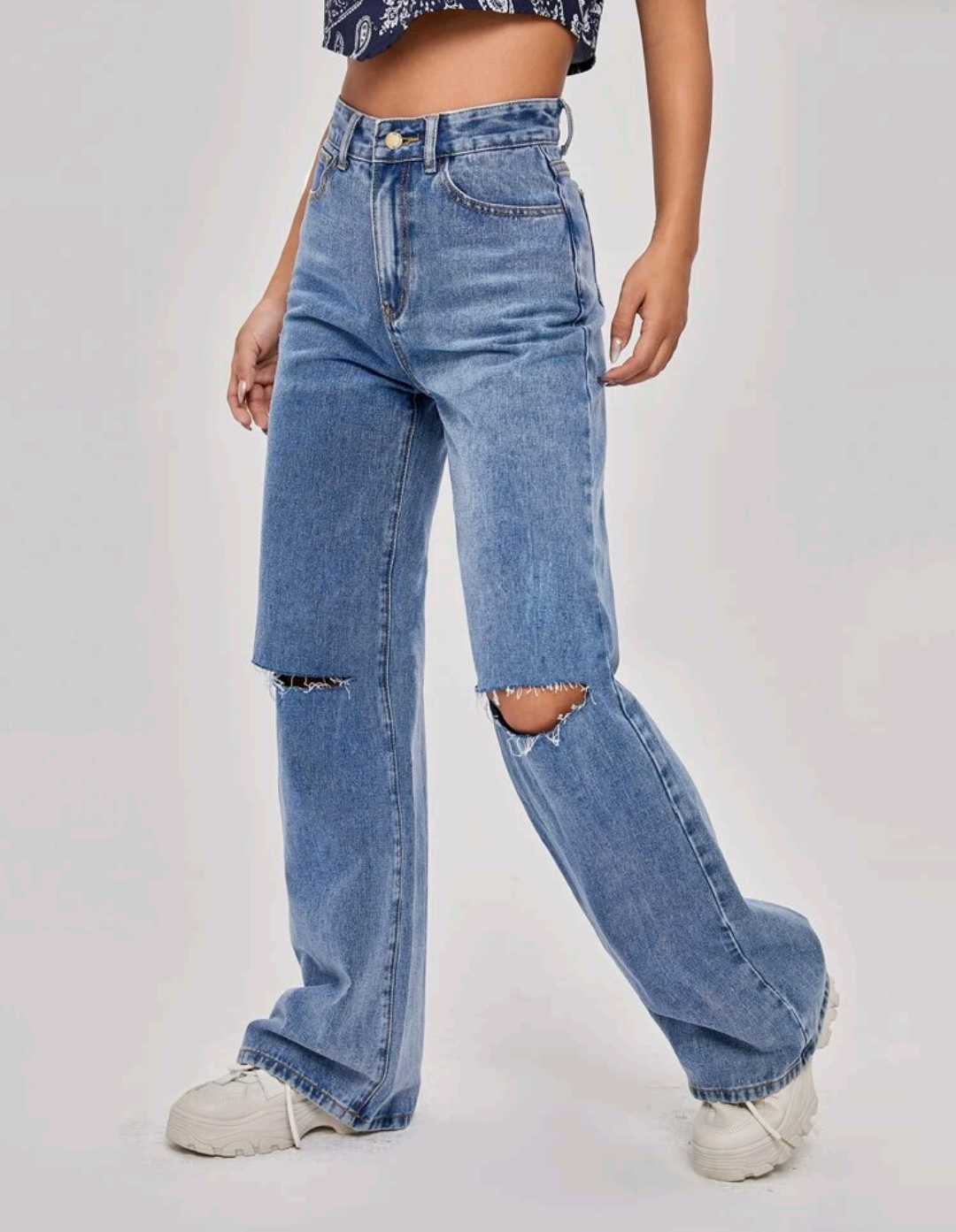 Jeans rotos de pierna ancha de cintura alta (650)