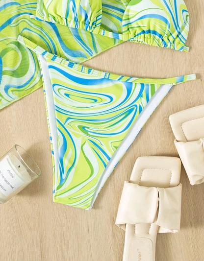 3 Piezas bañador bikini estampado de onda CÑ04